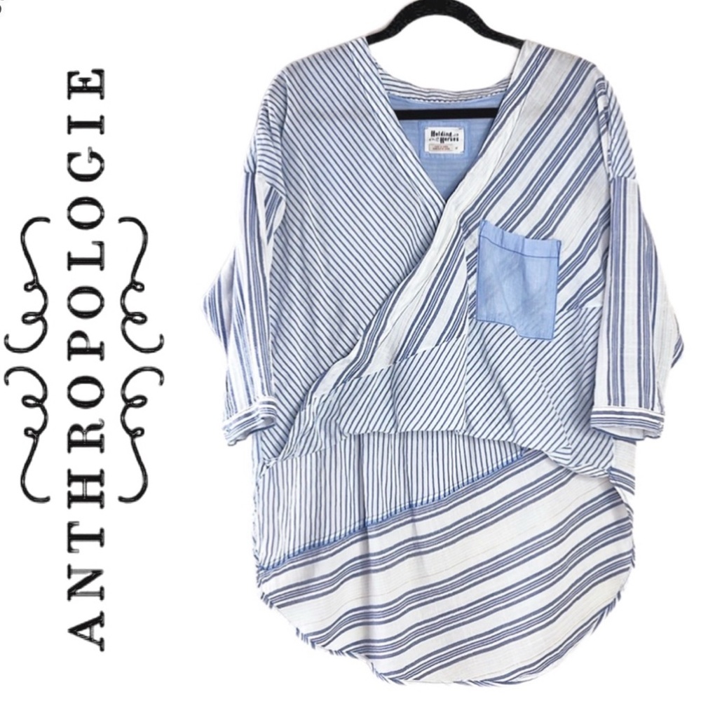 Anthropologie Holding Horses Cross Zeni Blue White Striped High‎ Low Wrap Blouse